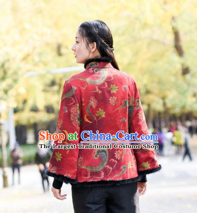 China Traditional Cotton Wadded Jacket National Woman Outer Garment Clothing Tang Suit Red Silk Overcoat