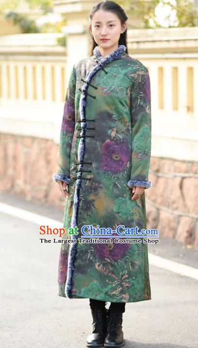 China Traditional Green Cotton Wadded Coat National Woman Outer Garment Clothing Tang Suit Printing Peony Overcoat