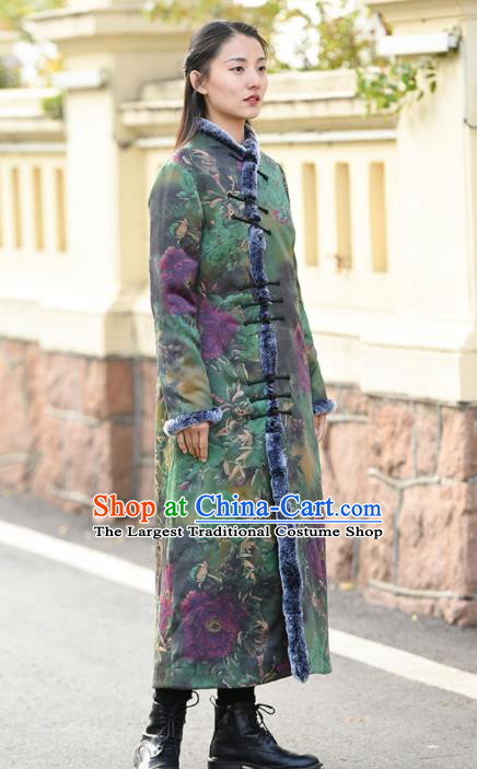 China Traditional Green Cotton Wadded Coat National Woman Outer Garment Clothing Tang Suit Printing Peony Overcoat