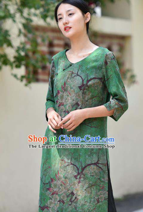 Chinese Traditional Green Silk Qipao Dress Costume National Young Lady Printing Pear Blossom Aodai Cheongsam