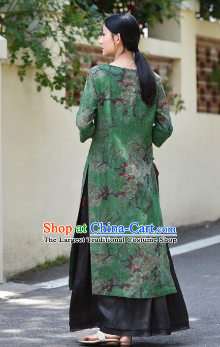 Chinese Traditional Green Silk Qipao Dress Costume National Young Lady Printing Pear Blossom Aodai Cheongsam