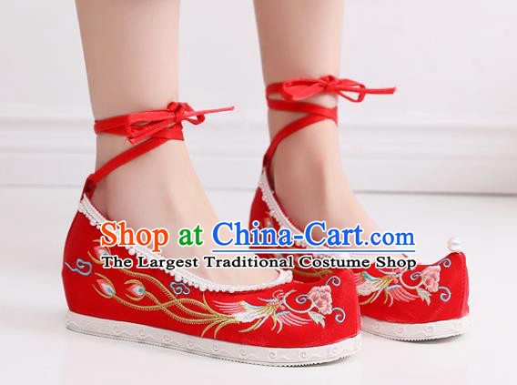 China Traditional Wedding Pearls Shoes National Embroidered Phoenix Peony Shoes Handmade Red Satin Shoes