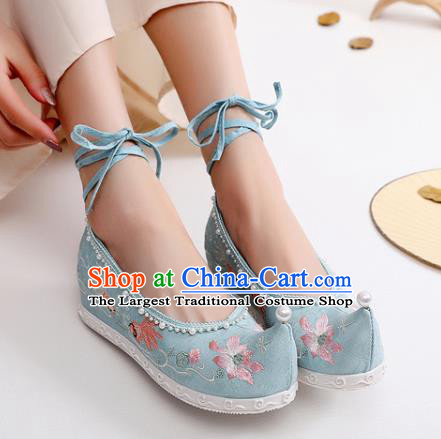 China National Embroidered Lotus Shoes Traditional Ming Dynasty Princess Shoes Handmade Hanfu Blue Cloth Bow Shoes