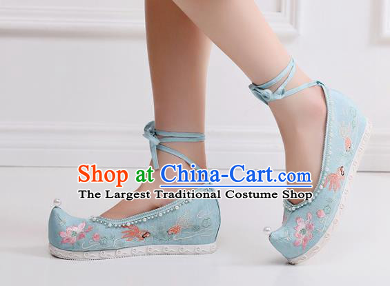 China National Embroidered Lotus Shoes Traditional Ming Dynasty Princess Shoes Handmade Hanfu Blue Cloth Bow Shoes