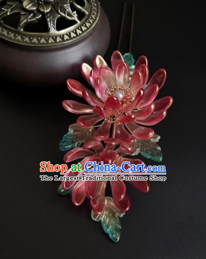 China Ancient Princess Red Chrysanthemum Hairpin Traditional Song Dynasty Palace Lady Hair Stick