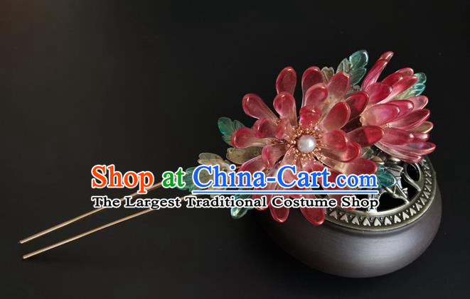 China Ancient Princess Red Chrysanthemum Hairpin Traditional Song Dynasty Palace Lady Hair Stick