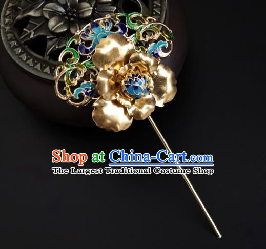 China Ancient Imperial Concubine Golden Peony Hairpin Traditional Qing Dynasty Court Cloisonne Hair Stick