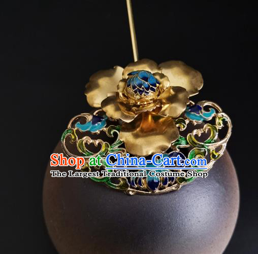 China Ancient Imperial Concubine Golden Peony Hairpin Traditional Qing Dynasty Court Cloisonne Hair Stick