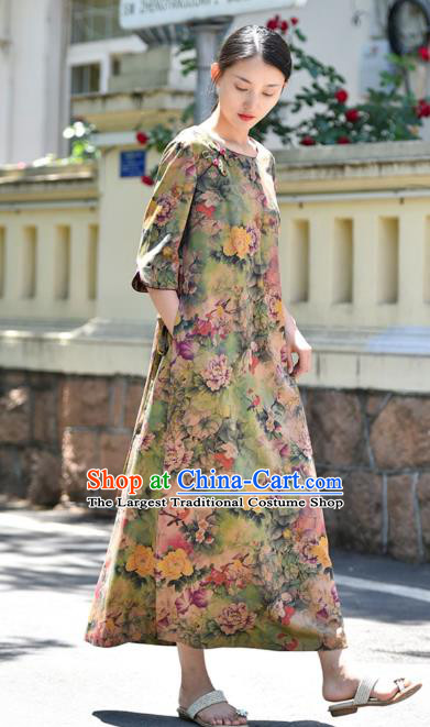 Chinese Traditional Printing Peony Qipao Dress Costume National Young Lady Light Green Cheongsam
