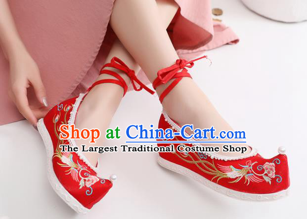China Traditional Wedding Pearls Shoes National Embroidered Phoenix Peony Shoes Handmade Red Satin Shoes
