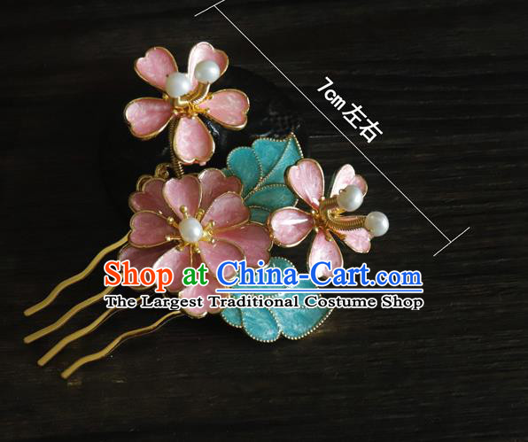China Ancient Empress Hairpin Traditional Qing Dynasty Court Pink Peach Blossom Hair Comb