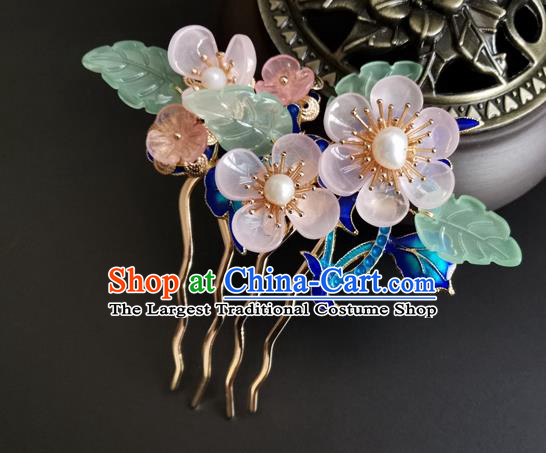 China Ancient Princess Pink Flowers Hairpin Traditional Qing Dynasty Cloisonne Hair Comb