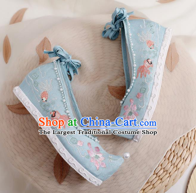 China National Embroidered Lotus Shoes Traditional Ming Dynasty Princess Shoes Handmade Hanfu Blue Cloth Bow Shoes
