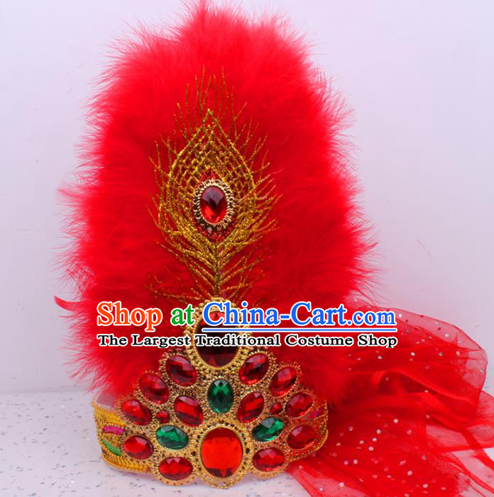 Chinese Ethnic Folk Dance Red Veil Hair Clasp Uygur Nationality Feather Hat Traditional Xinjiang Dance Headdress
