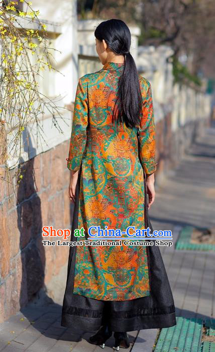 Chinese Traditional Dragon Pattern Silk Qipao Dress Costume National Young Lady Stage Show Cheongsam