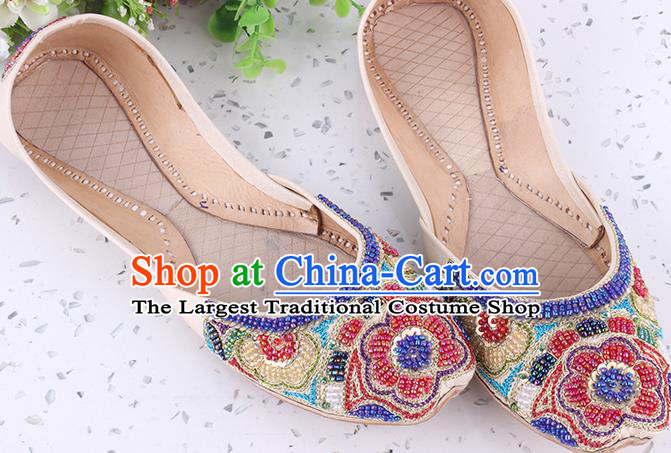 Indian Folk Dance Shoes Handmade Embroidery Beads Shoes Asian Traditional Wedding Beige Leather Shoes