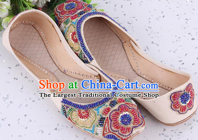 Indian Folk Dance Shoes Handmade Embroidery Beads Shoes Asian Traditional Wedding Beige Leather Shoes