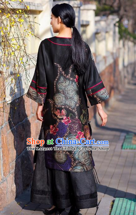 Chinese Traditional Wide Sleeve Qipao Dress Costume National Young Lady Black Silk Cheongsam