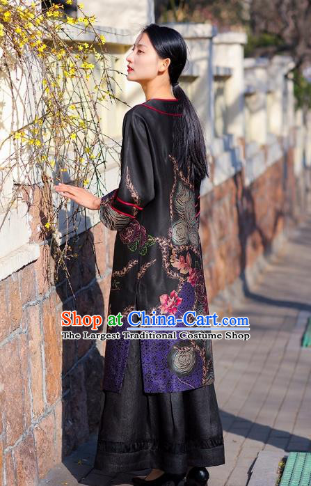 Chinese Traditional Wide Sleeve Qipao Dress Costume National Young Lady Black Silk Cheongsam