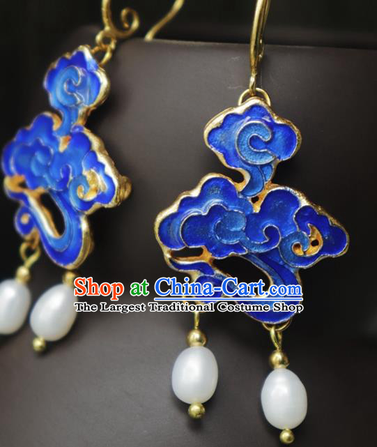 Chinese Traditional Qing Dynasty Court Blueing Cloud Ear Jewelry Ancient Imperial Concubine Earrings