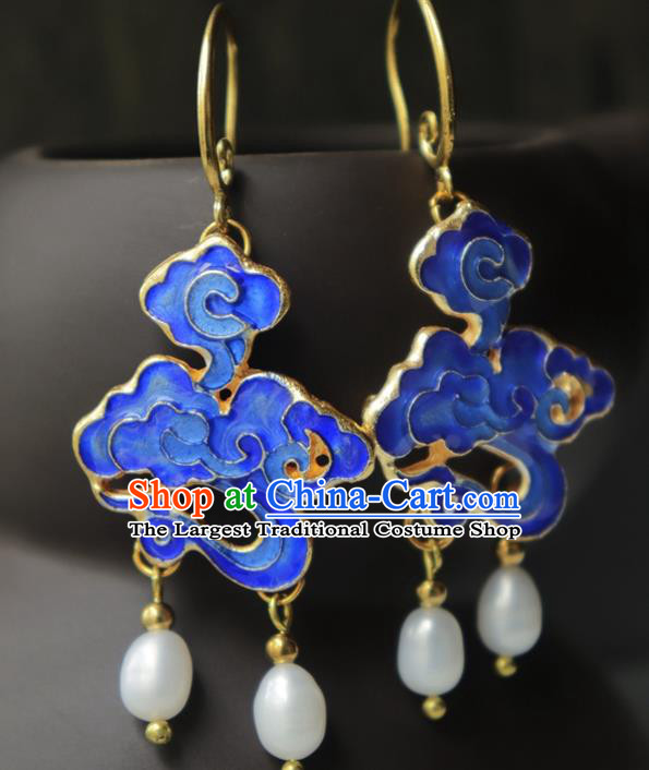 Chinese Traditional Qing Dynasty Court Blueing Cloud Ear Jewelry Ancient Imperial Concubine Earrings