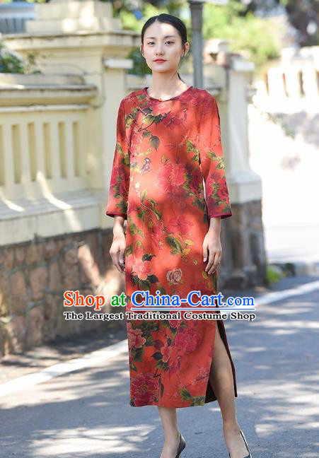 Chinese Traditional Peony Pattern Qipao Dress Costume National Young Lady Red Silk Cheongsam