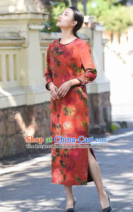 Chinese Traditional Peony Pattern Qipao Dress Costume National Young Lady Red Silk Cheongsam