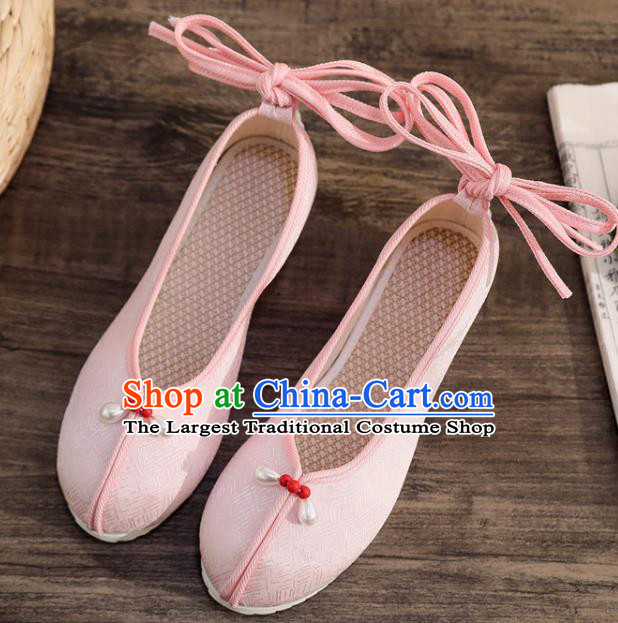 China Traditional Tang Suit Shoes Handmade Hanfu Dance Shoes National Pink Brocade Shoes