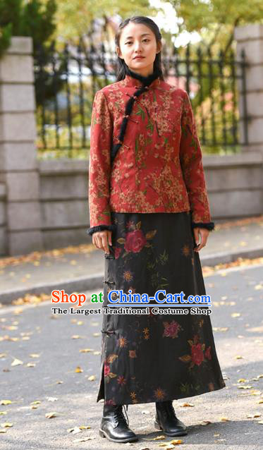 China National Woman Printing Rose Skirt Traditional Tang Suit Black Silk Bust Skirt Costume