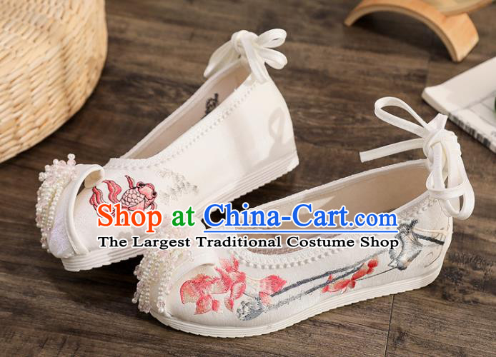 China Traditional Embroidered Lotus Fish Shoes Handmade Folk Dance Shoes National White Cloth Pearls Tassel Shoes