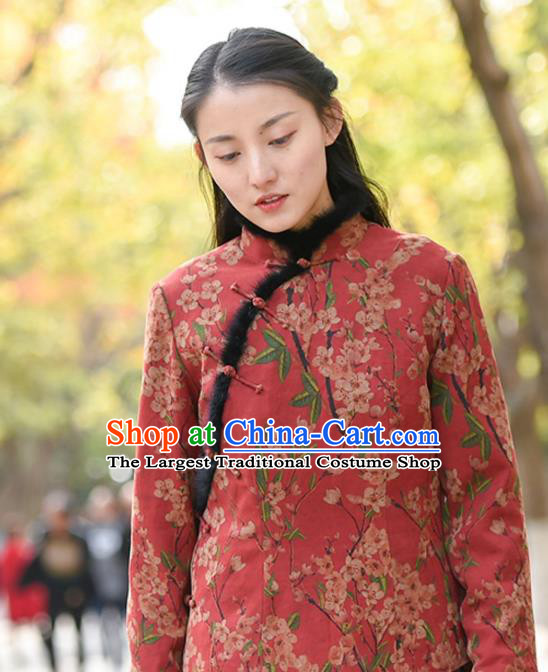 China National Woman Outer Garment Clothing Tang Suit Red Overcoat Traditional Cotton Wadded Jacket