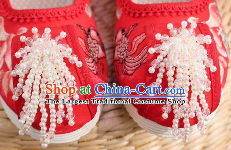 China National Wedding Red Cloth Pearls Tassel Shoes Traditional Embroidered Lotus Fish Shoes Handmade Folk Dance Shoes