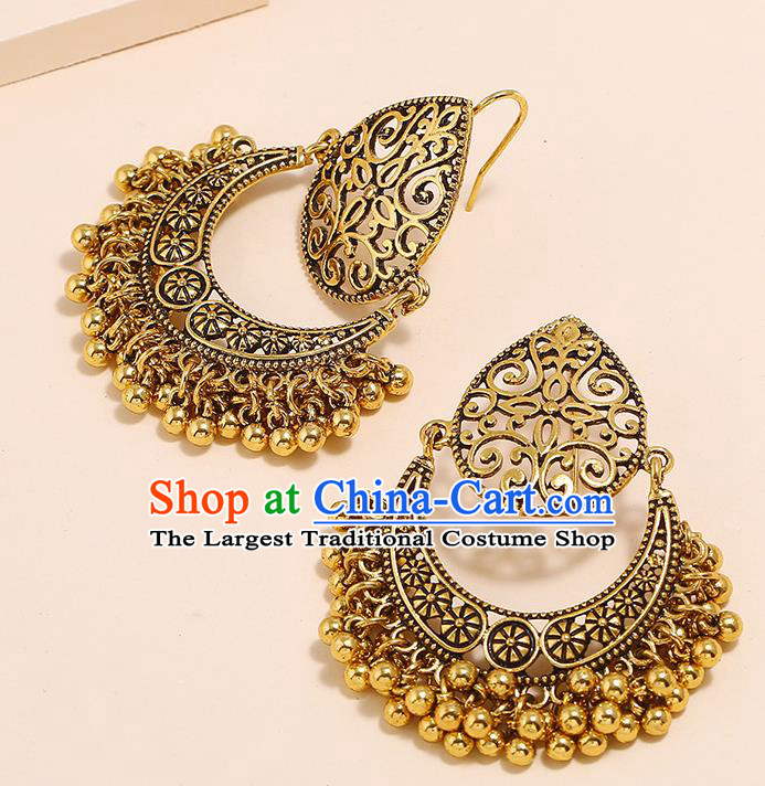 India Bollywood Folk Dance Ear Accessories Asian Indian Stage Performance Golden Bells Earrings