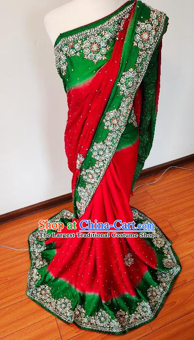 Asian India Red and Green Sari Dress Indian Traditional Folk Dance Costume