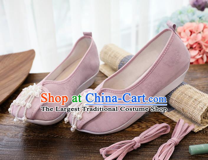 China National Pearls Tassel Shoes Traditional Jacquard Pink Cloth Shoes Handmade Folk Dance Shoes