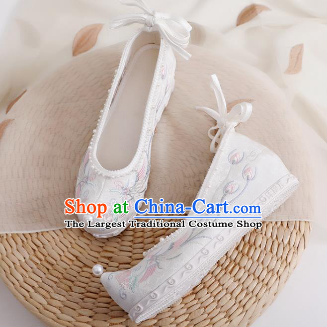 China Handmade White Satin Shoes Traditional Pearls Hanfu Shoes National Embroidered Phoenix Peony Shoes