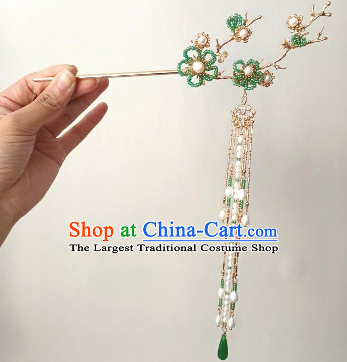 China Traditional Hanfu Hair Accessories Ancient Princess Green Beads Plum Tassel Hairpin