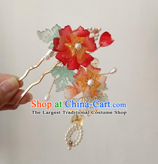 China Ancient Princess Red Flower Hairpin Traditional Song Dynasty Pearls Hair Stick