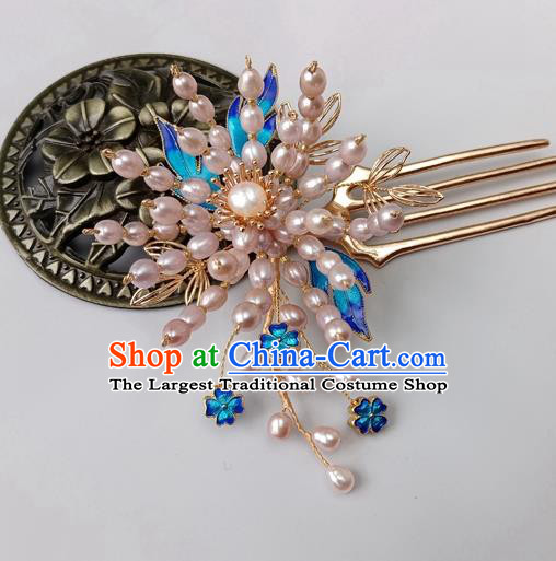 China Ancient Court Lady Pearls Hairpin Traditional Ming Dynasty Cloisonne Hair Stick