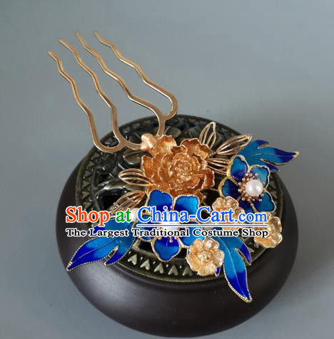 China Ancient Empress Golden Peony Hairpin Traditional Ming Dynasty Cloisonne Plum Blossom Hair Comb