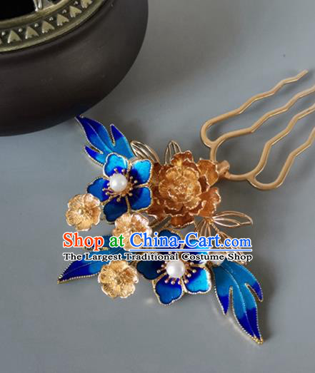 China Ancient Empress Golden Peony Hairpin Traditional Ming Dynasty Cloisonne Plum Blossom Hair Comb