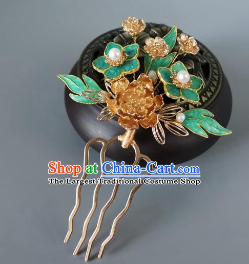 China Ancient Princess Green Plum Hairpin Traditional Ming Dynasty Golden Peony Hair Comb