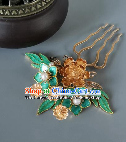 China Ancient Princess Green Plum Hairpin Traditional Ming Dynasty Golden Peony Hair Comb