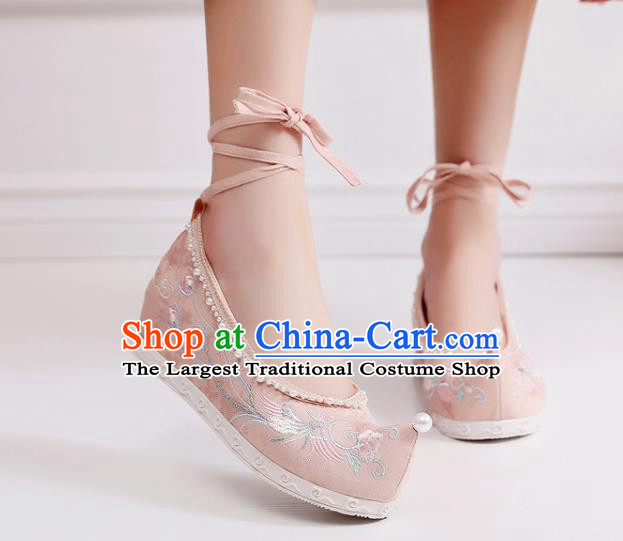 China Embroidered Phoenix Peony Shoes Handmade National Pink Cloth Shoes Traditional Pearls Hanfu Shoes