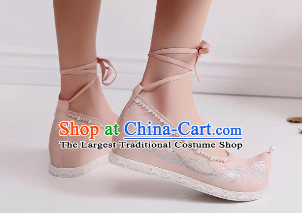 China Embroidered Phoenix Peony Shoes Handmade National Pink Cloth Shoes Traditional Pearls Hanfu Shoes
