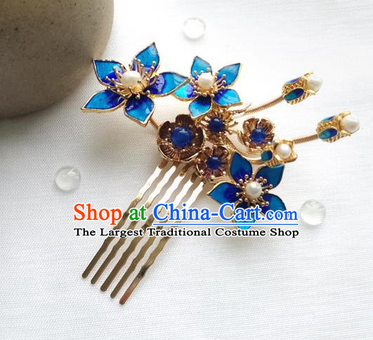 China Ancient Princess Pearls Hairpin Traditional Ming Dynasty Cloisonne Peach Blossom Hair Comb