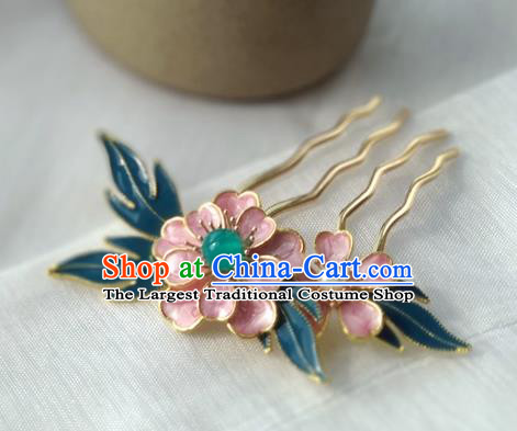 China Ancient Young Lady Hairpin Traditional Ming Dynasty Cloisonne Pink Peony Hair Comb