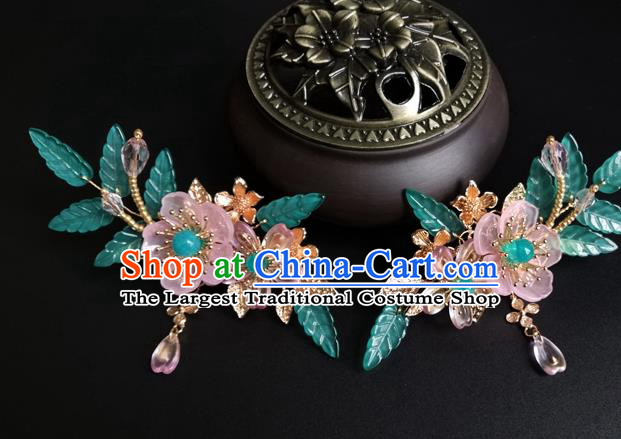 China Ancient Princess Pink Plum Hairpin Traditional Ming Dynasty Beads Tassel Hair Claw