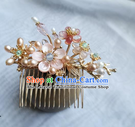 China Ancient Princess Pink Shell Plum Hairpin Traditional Song Dynasty Pearls Hair Comb