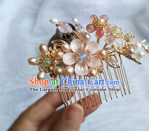 China Ancient Princess Pink Shell Plum Hairpin Traditional Song Dynasty Pearls Hair Comb